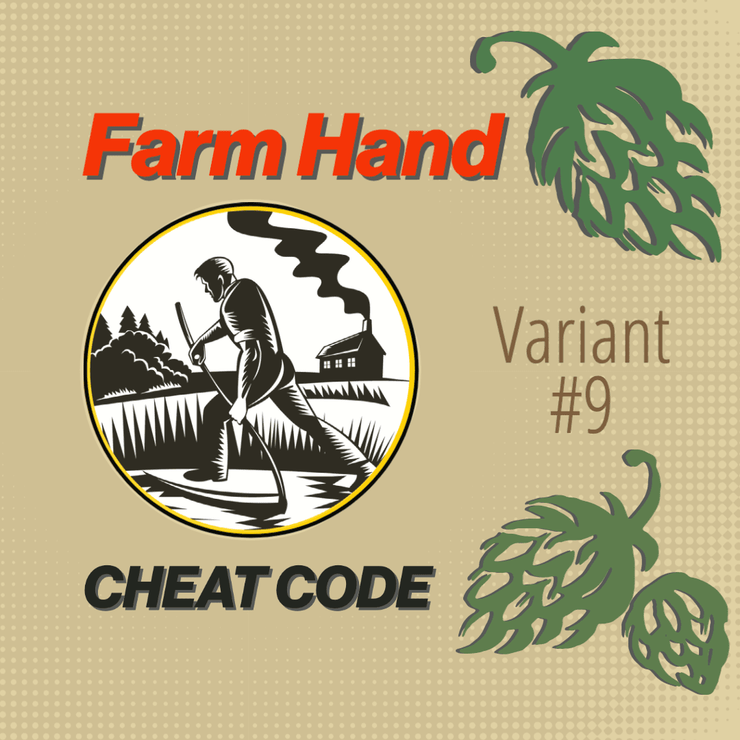 Farm Hand icon of farmer with scythe surrounded by decorative hops graphics. 