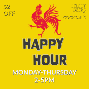 Happy Hour graphic with red rooster and text