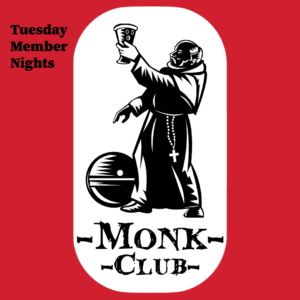 monk club graphic with monk with chalice wood cut figure