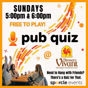 pub quiz with Vivant logo, text and people sitting at a table in the corner