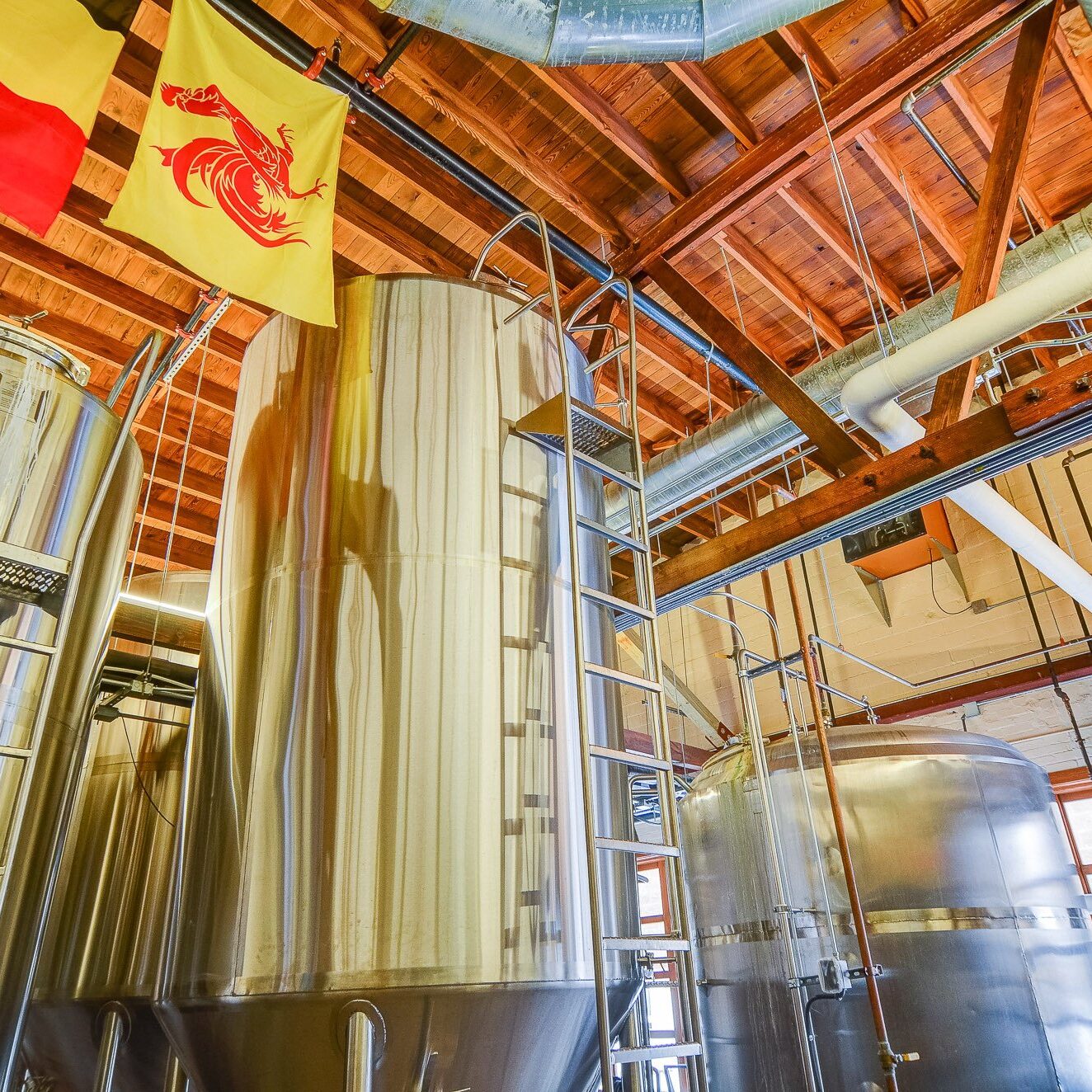 Fermenters in brewery with Belgian flags
