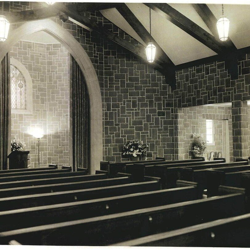 Old black and white image of chapel interior